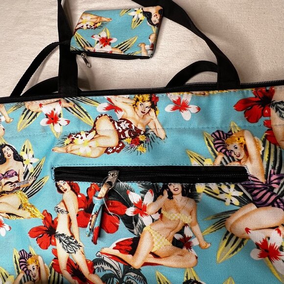 Vintage-Inspired Hawaiian Pin-Up Girl Print Tote Bag Zipper Pockets &  Pouch - Picture 6 of 15